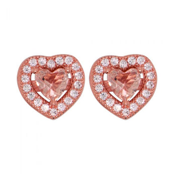 Sterling Silver Rose Plated Zirconia Heart Studs