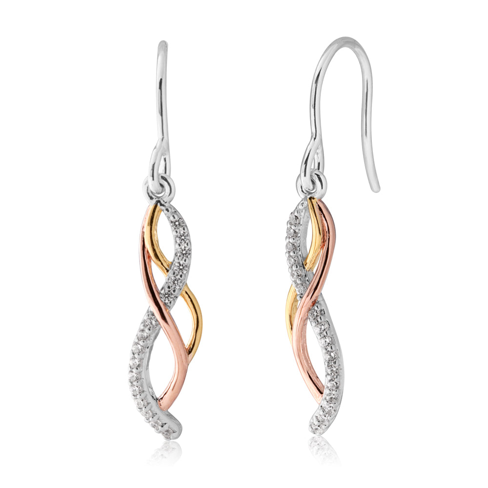 Sterling Silver Rose and Gold Plated Zirconia Weave Drop Earrings