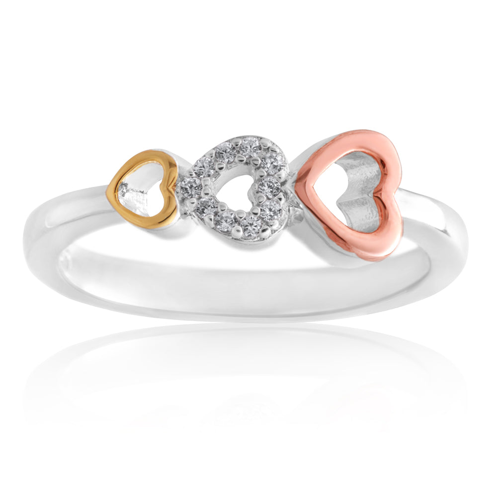 Sterling Silver Gold and Rose Plated Zirconia 3 Heart 3 Tone Ring