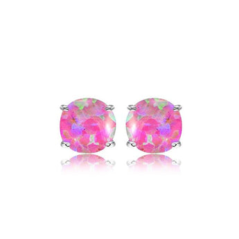 Sterling Silver 6mm Simulated 4 Claw Pink Opal Stud Earrings