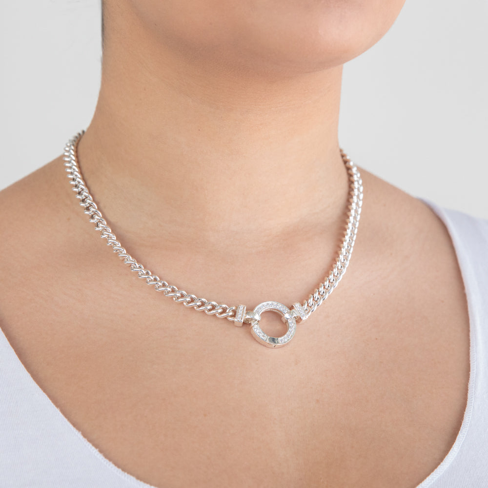 Sterling Silver 45cm Zirconia Fancy Boltring Curb Chain
