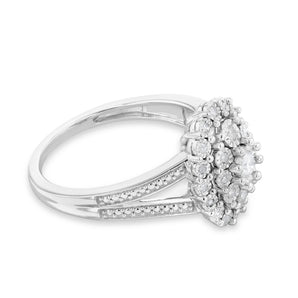 1/5 Carat Diamond Oval Cluster Ring with 27 Brilliant Diamonds in Sterling Silver