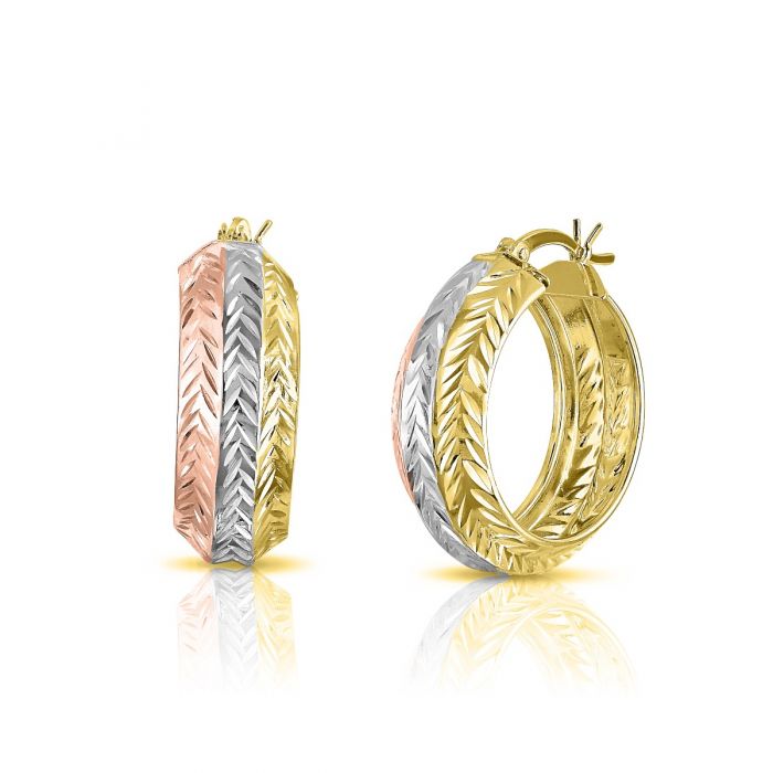 Sterling Silver 9mmx25mm Rose and Gold Plated Patterned Fancy Hoop Earrings
