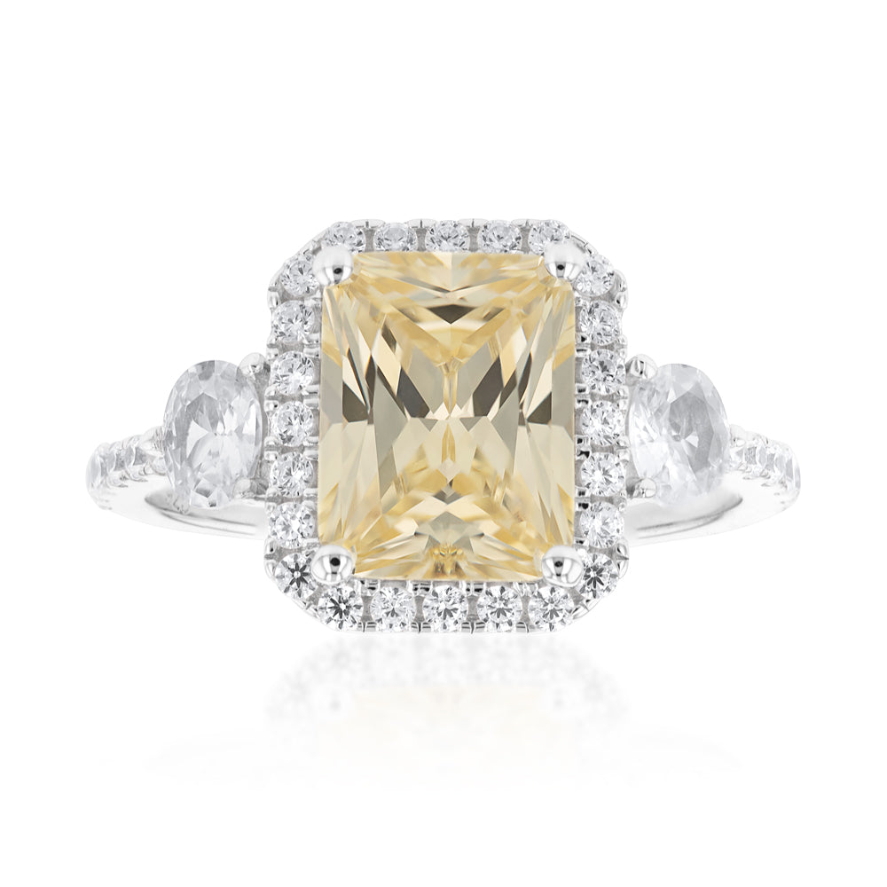 Sterling Silver Yellow And White Zirconia Emerald Cut Ring