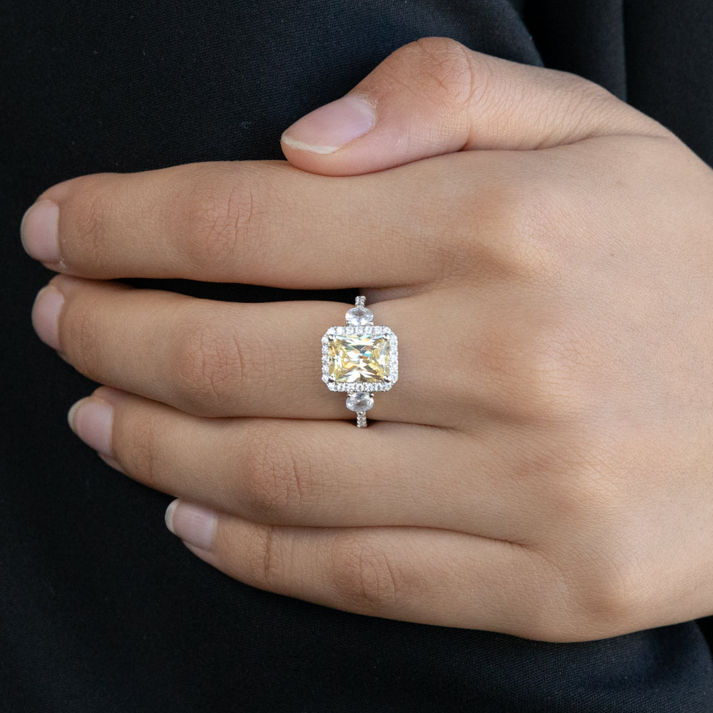 Sterling Silver Yellow And White Zirconia Emerald Cut Ring
