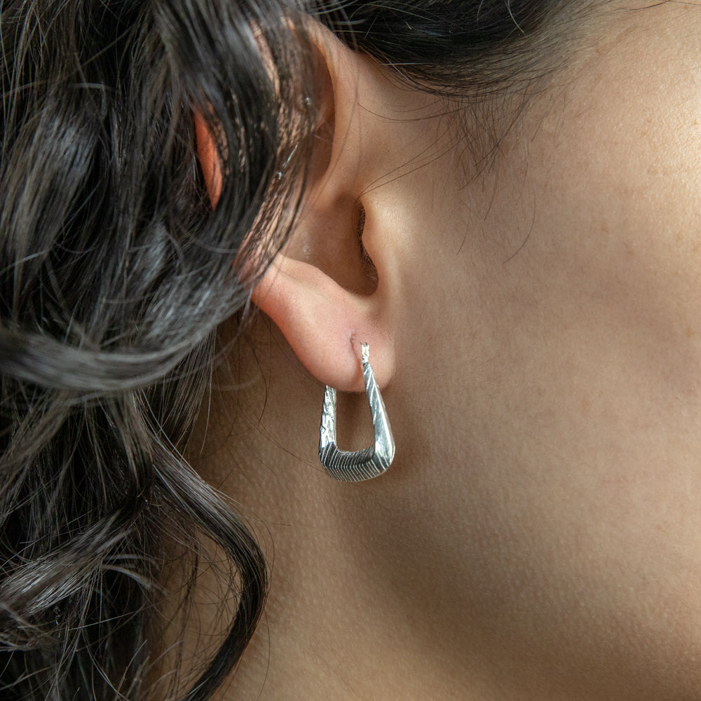Sterling Silver Rectangular Patterned Hoop Earring