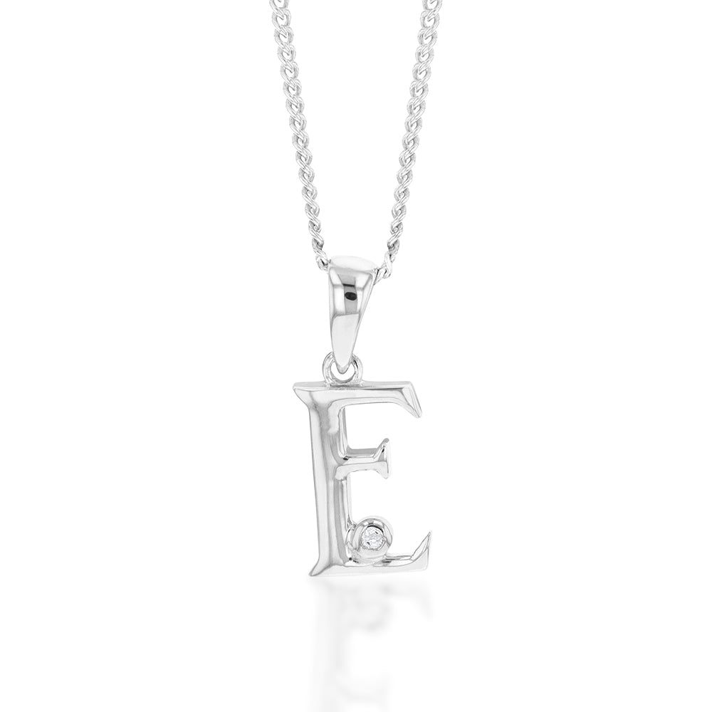 Silver Pendant Initial E set with Diamond