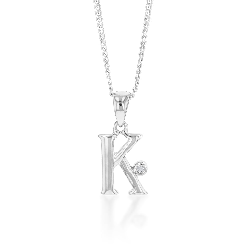Silver Pendant Initial K set with Diamond