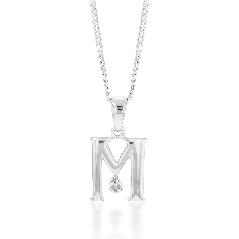 Silver Pendant Initial M set with Diamond