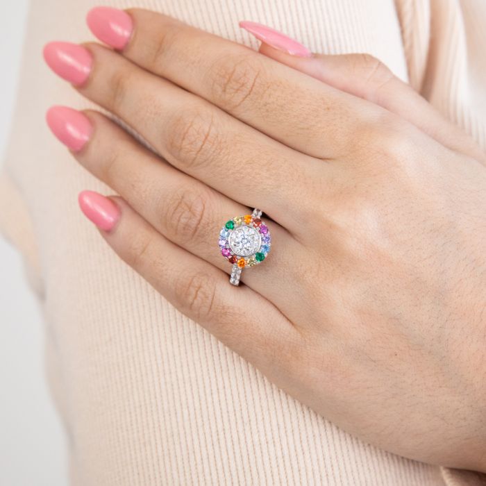 Sterling Silver Rainbow Multicolour Cubic Zirconia Halo & Channel Ring