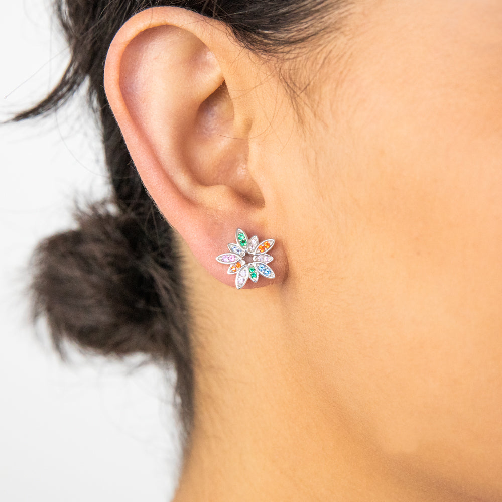 Sterling Silver Rainbow Multicolour Cubic Zirconia Flower Stud Earrings