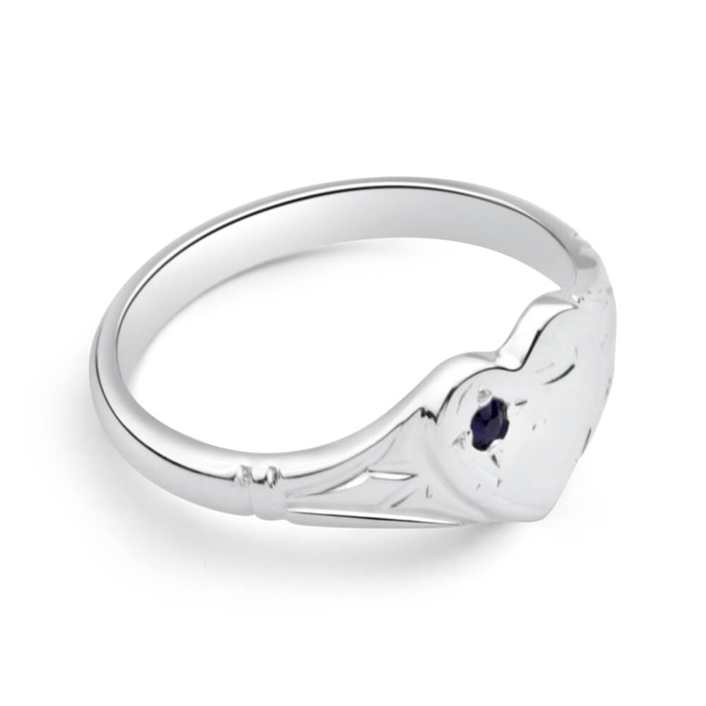 Sterling Silver Natural Sapphire Signet Heart Ring Size H