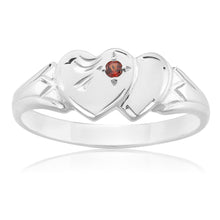 Load image into Gallery viewer, Sterling Silver Garnet 2Heart Signet Ring Size H