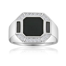 Load image into Gallery viewer, Sterling Silver Onyx + Cubic Zirconia Gents Ring