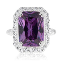 Load image into Gallery viewer, Sterling Silver Purple Cubic Zirconia Emerald Cut Halo Ring