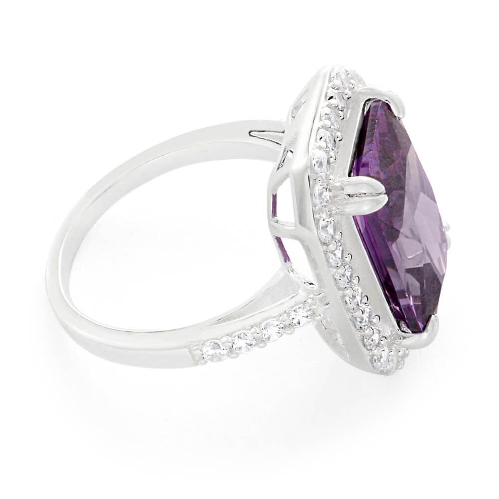 Sterling Silver Purple Cubic Zirconia Emerald Cut Halo Ring
