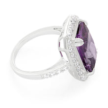 Load image into Gallery viewer, Sterling Silver Purple Cubic Zirconia Emerald Cut Halo Ring
