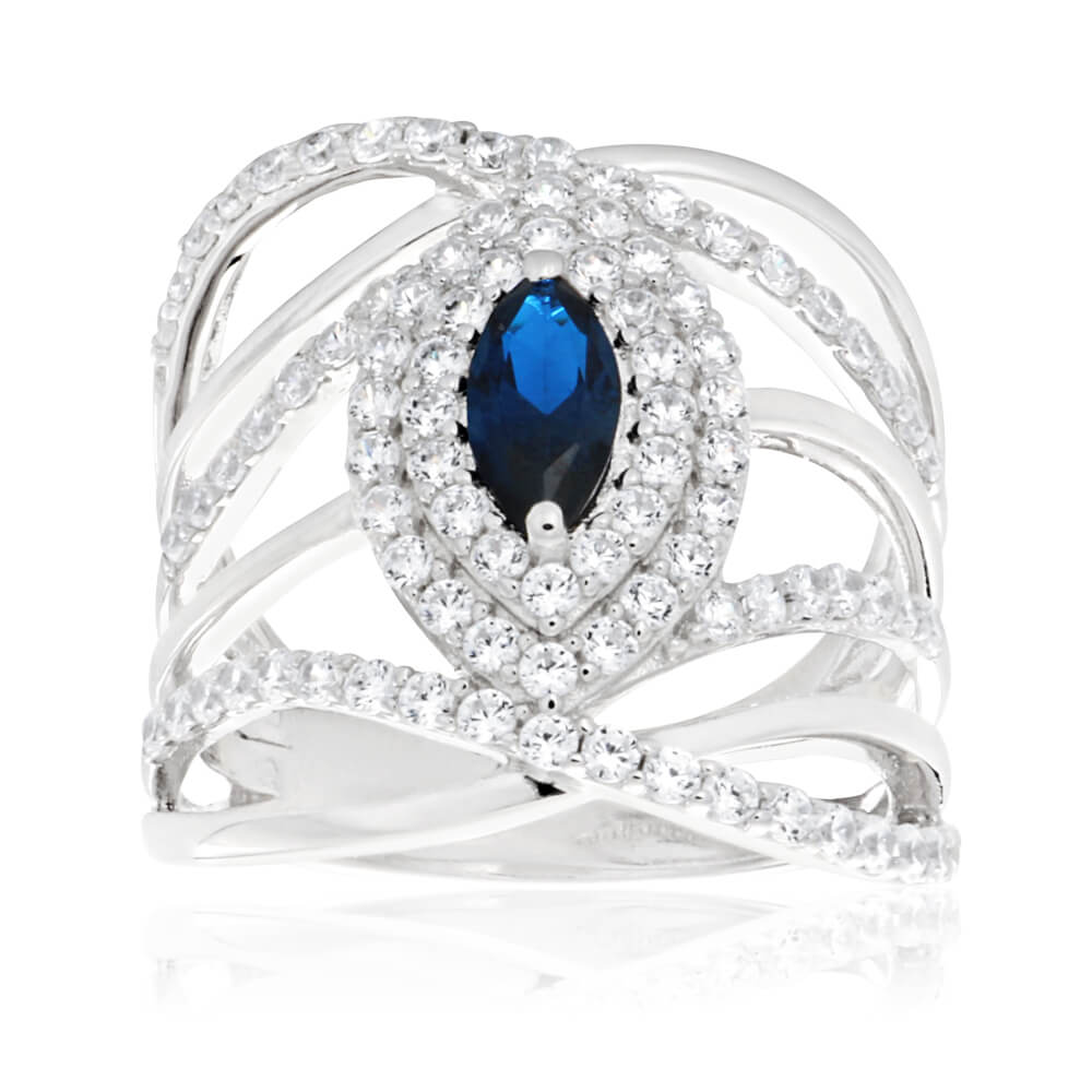Sterling Silver Created Sapphire + Cubic Zirconia Marquise Ring