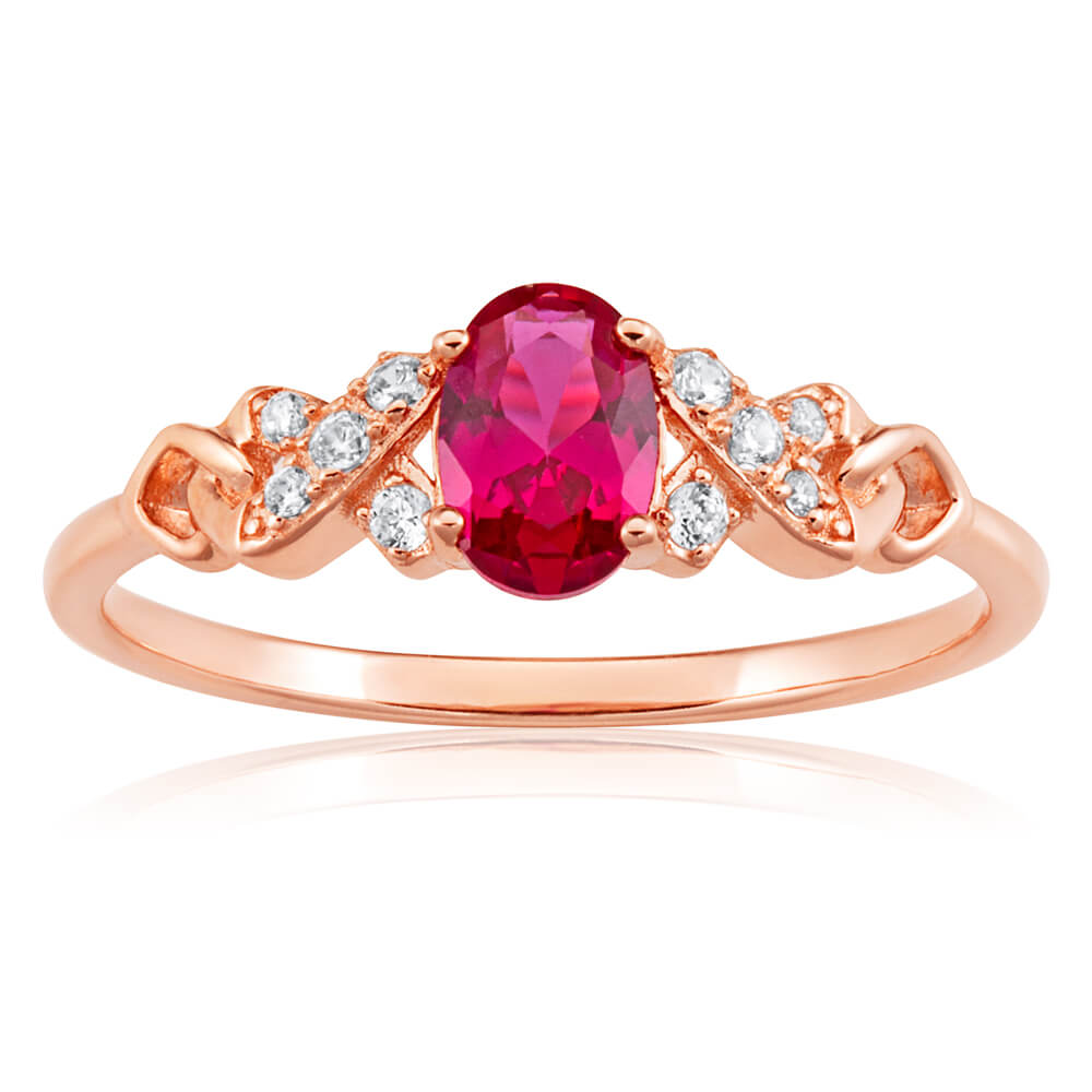 Rose Gold Plated Sterling Silver Created Ruby + Cubic Zirconia Ring
