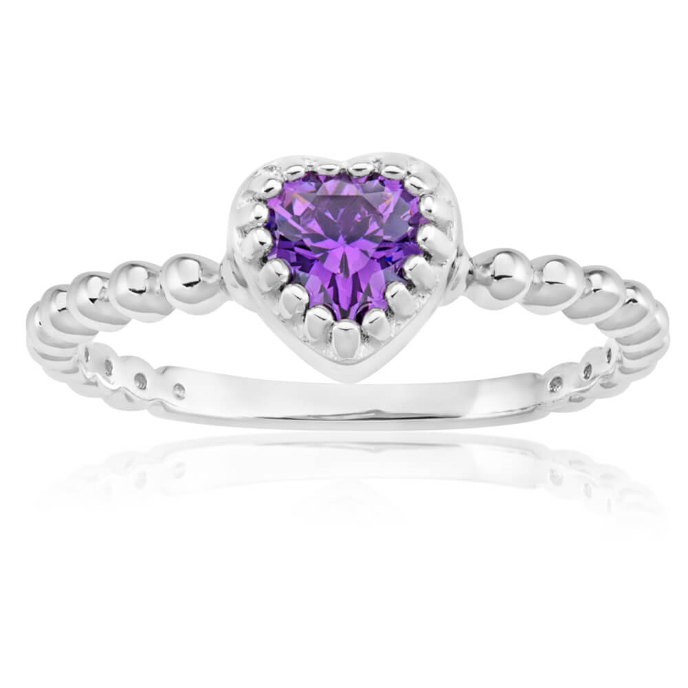 Sterling Silver Rhodium Plated Purple Cubic Zirconia Heart Twisted Band Ring