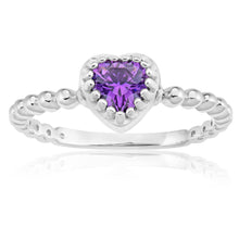 Load image into Gallery viewer, Sterling Silver Rhodium Plated Purple Cubic Zirconia Heart Twisted Band Ring