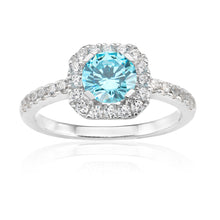 Load image into Gallery viewer, Sterling Silver Rhodium Plated Light Blue Zirconia Asscher Cut Halo Ring