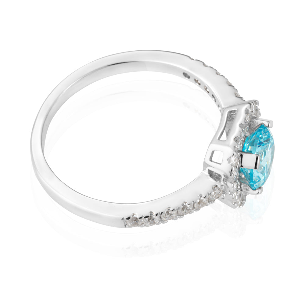 Sterling Silver Rhodium Plated Light Blue Zirconia Asscher Cut Halo Ring