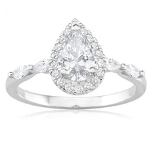 Load image into Gallery viewer, Sterling Silver Rhodium Plated Cubic Zirconia Pear Halo Ring with Marquise Band