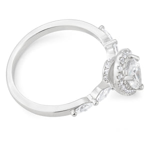 Sterling Silver Rhodium Plated Cubic Zirconia Pear Halo Ring with Marquise Band