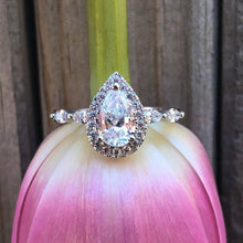Load image into Gallery viewer, Sterling Silver Rhodium Plated Cubic Zirconia Pear Halo Ring with Marquise Band