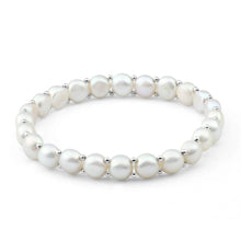 Load image into Gallery viewer, White Freshwater Flat Pearl Stretch Bracelet with Sterling Silver Beads