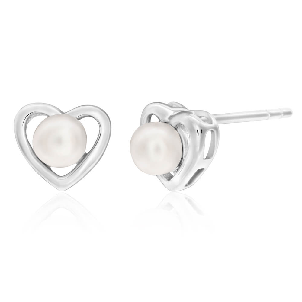 Sterling Silver White Freshwater Pearl Heart Stud Earrings