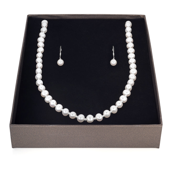 Sterling Silver White Freshwater Pearl Chain & Earring Boxed Set