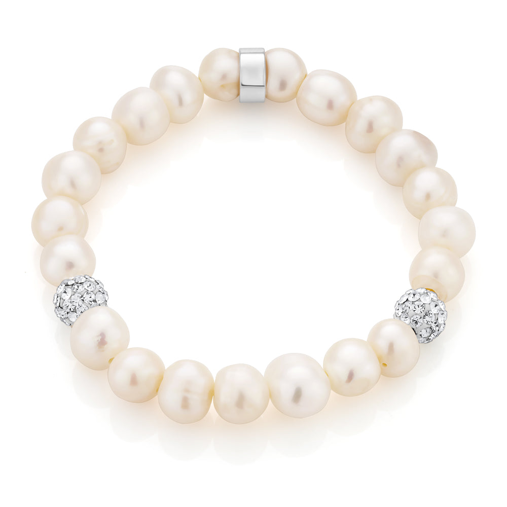 White 8-8.5mm Freshwater Pearl, Crystal and Charm Bracelet