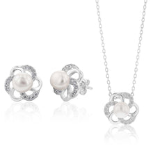 Load image into Gallery viewer, Sterling Silver Boxed Freshwater Pearl and Zirconia Flower Set with 45cm Chain