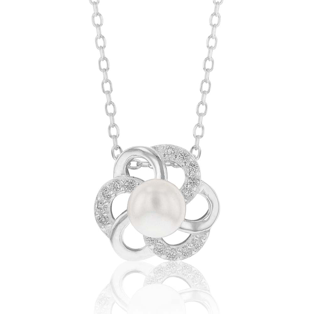 Sterling Silver Boxed Freshwater Pearl and Zirconia Flower Set with 45cm Chain