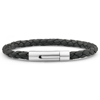 Forte Stainless Steel Black Leather 21cm Bracelet With Twist Lock Clasp