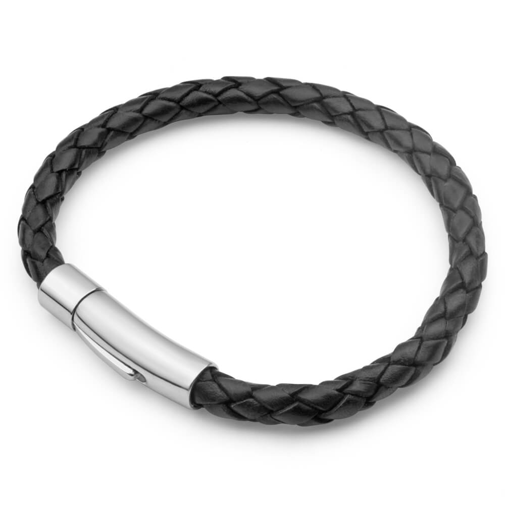 Forte Stainless Steel Black Leather 21cm Bracelet With Twist Lock Clasp