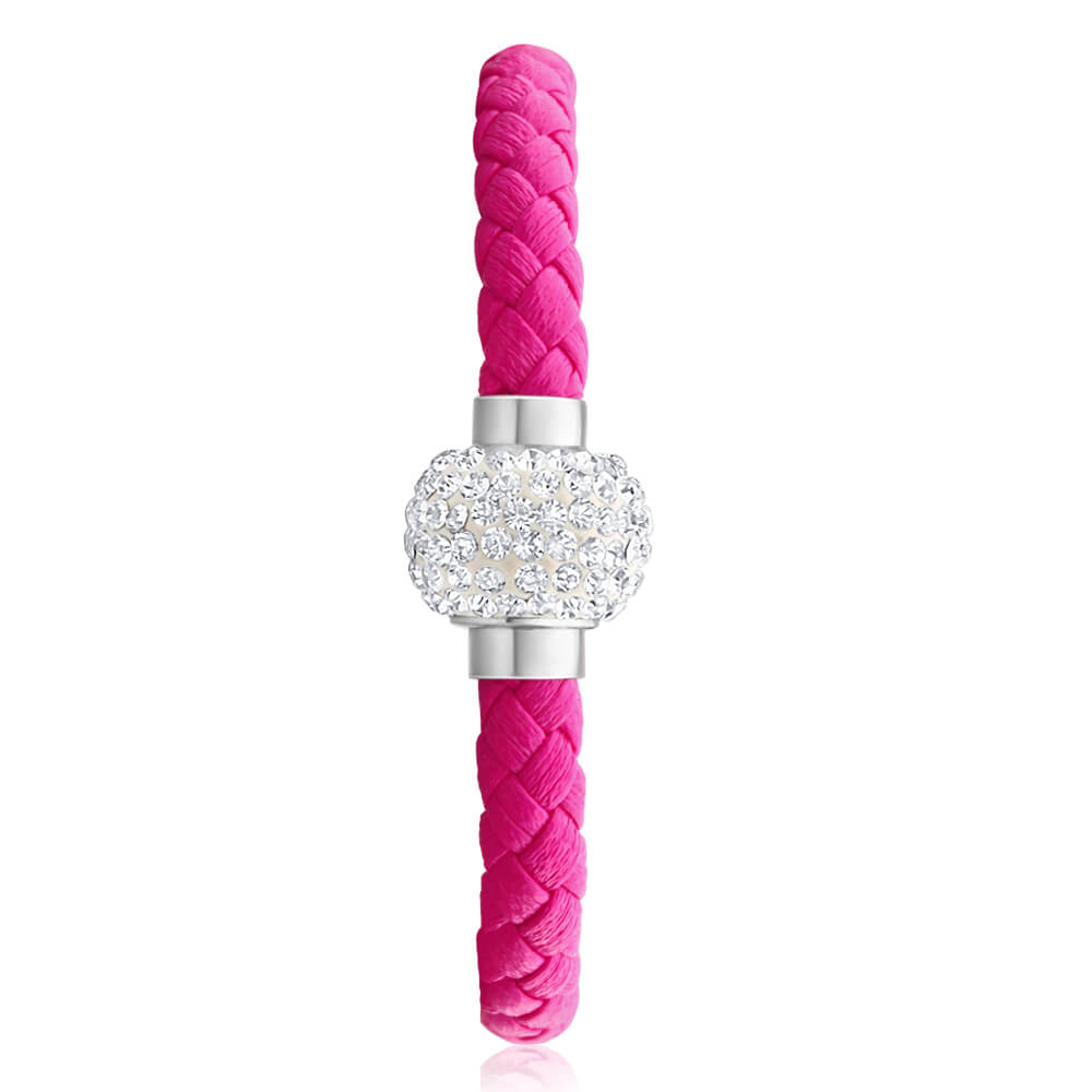 Stainless Steel Crystal Magnetic Pink Leather Fancy Bracelet