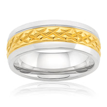 Load image into Gallery viewer, 8mm Stainless Steel and Gold Plated Patterned Gents Ring