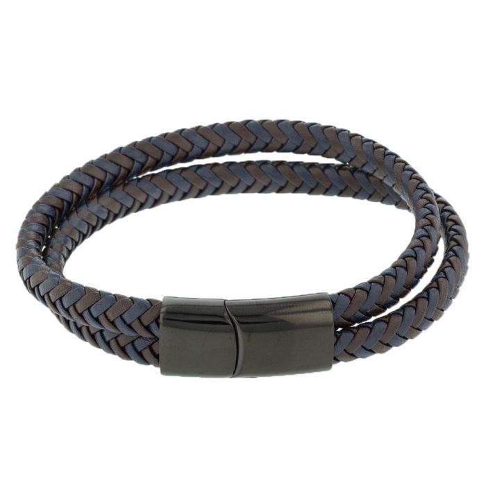Stainless Steel Double Wrap Woven Brown and Navy Leather Bracelet